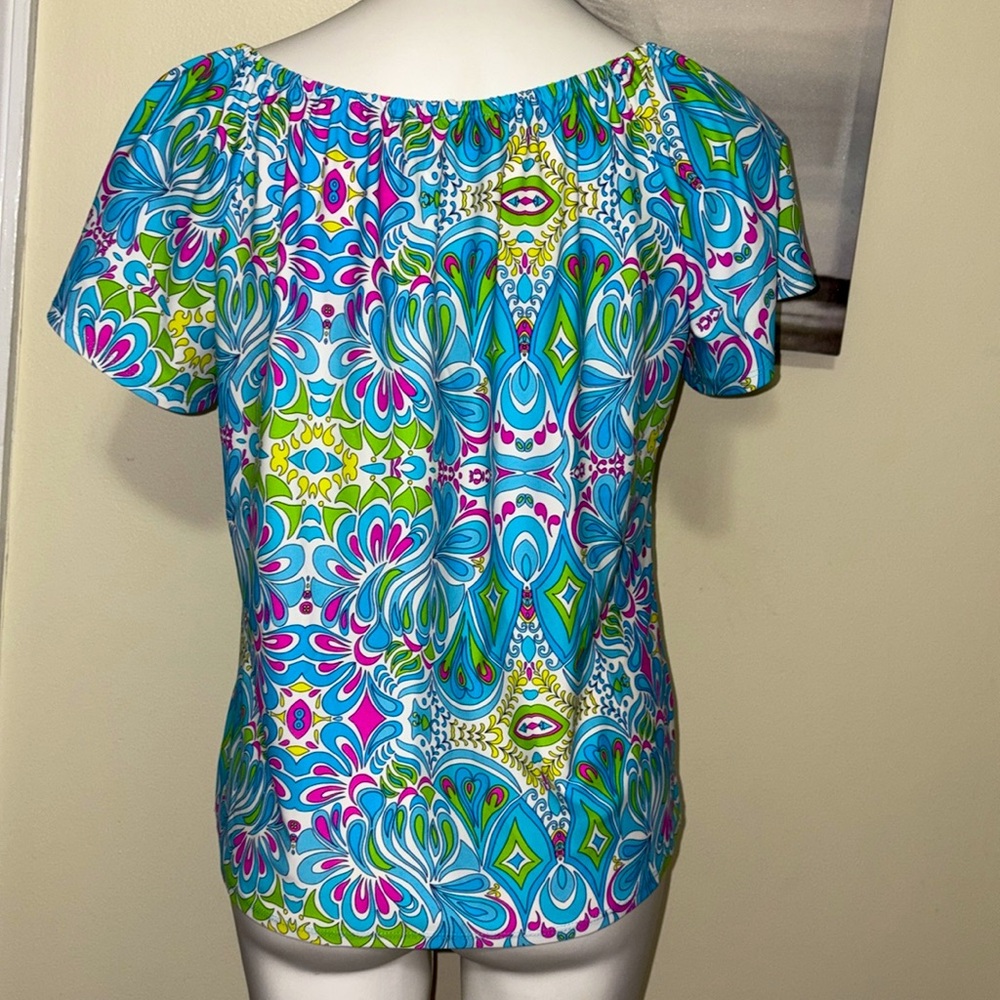 JUDE CONNALLY Aqua Pink Beautiful Colorful Elastic On Off Shoulder Top Size S - Picture 8 of 11